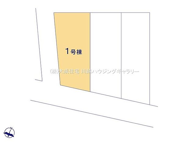 区画図:1号棟：2道路に面した角地です。
