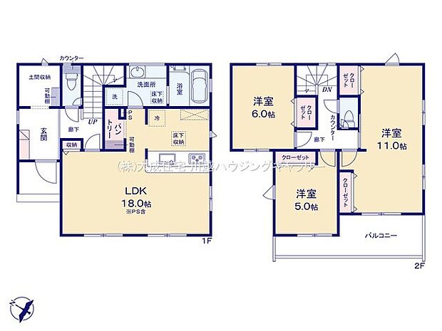 間取り2号棟:広々とした18帖のLDK。水廻りが集中した間取り。