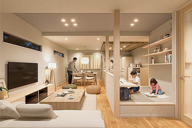 内装:モデル棟完成予想パース：家族が集まるLDK