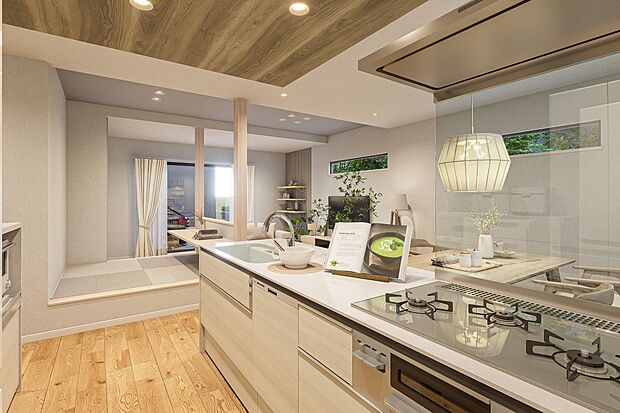 内装:モデル棟完成予想パース：LDK全体を見渡せるキッチン