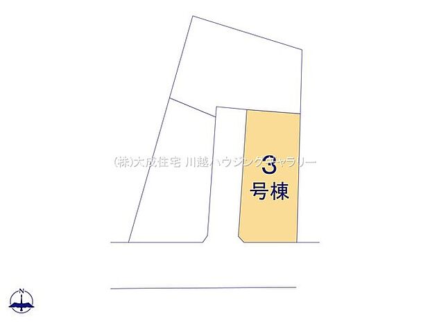 区画図:3号棟:南側と西側を道路に面した陽当たり良好な角地です。