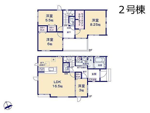 間取り2号棟：ＬＤＫ16．5帖！リビングと続き間の洋室を繋げれると19．5帖として利用もできます！
