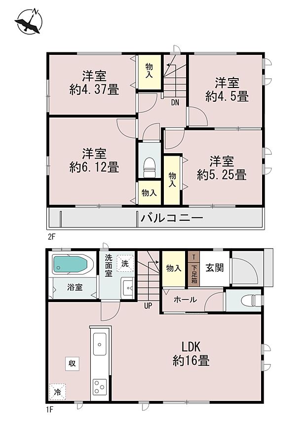 間取りゆとりあるリビング16帖！家事効率アップの水回り集中設計です！