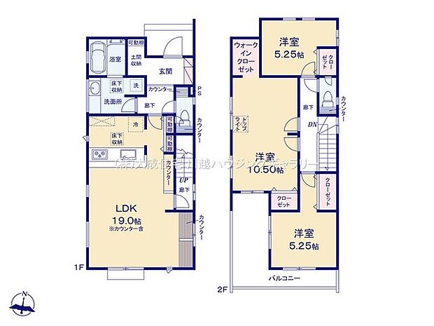 間取り1号棟：広々で陽当たり良好なバルコニーやリビングイン階段が魅力です。