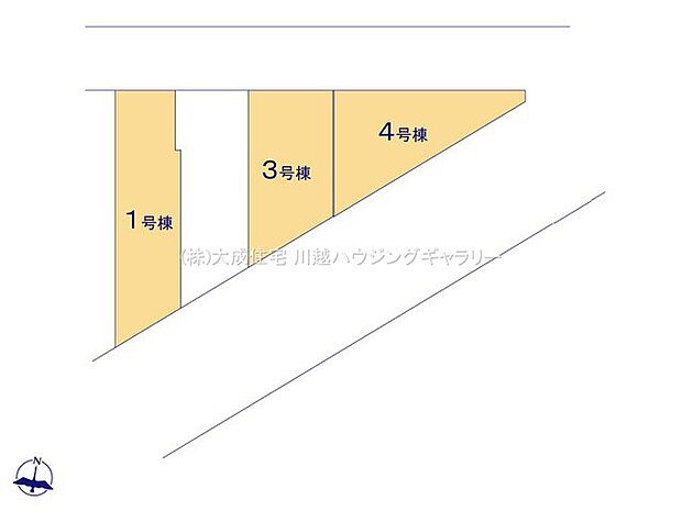 区画図:全4棟：全棟ゆとりある2面の道路に面しています。