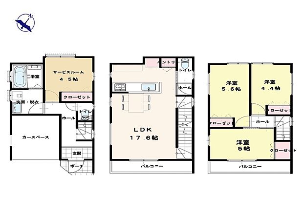 間取りLDK広々17.6帖!各居室に収納スペース完備!