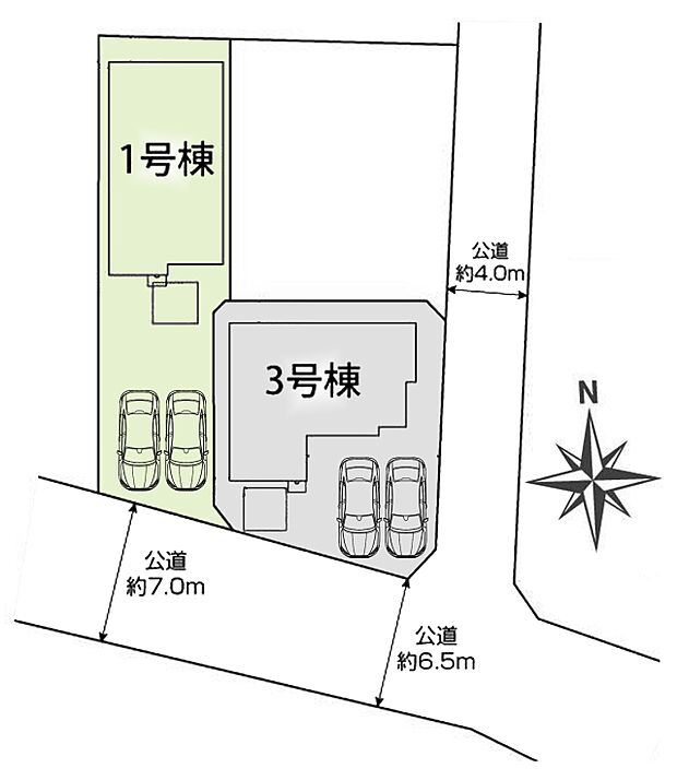 区画図:1号棟:奥行きのある区画です。44坪以上ございます。