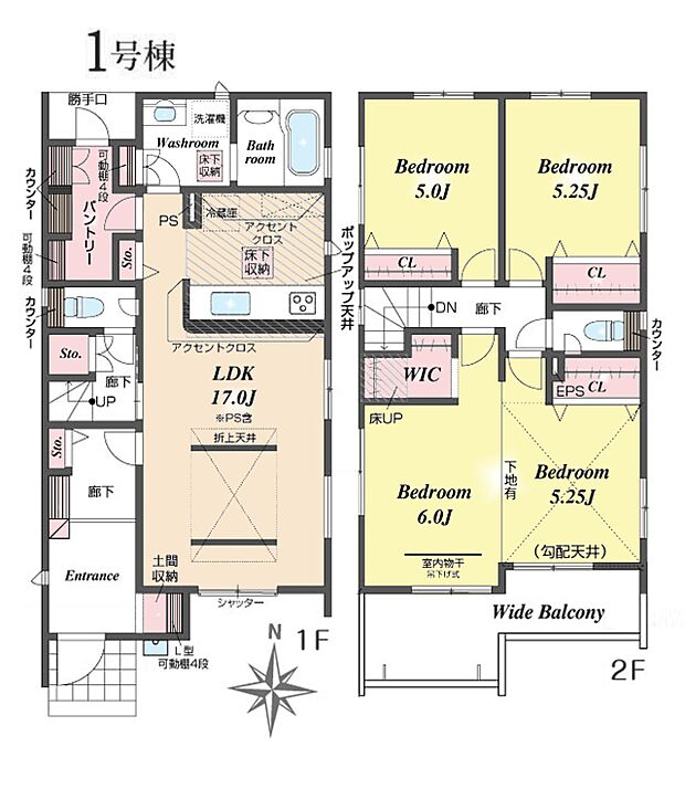 間取り1号棟:大容量パントリーがございます。勝手口と繋がっており、ゴミ出しなどでも便利です。