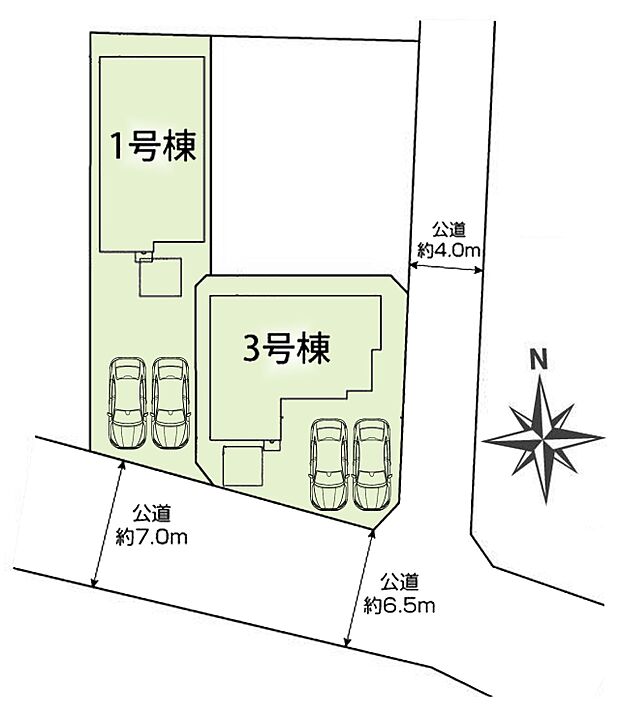 区画図:全2棟:全棟並列駐車が2台分可能なスペースを確保しております。