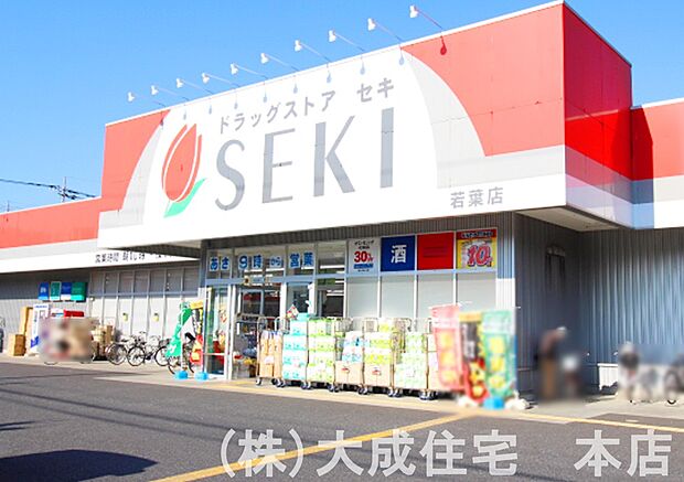 周辺環境:ドラッグストア 750m ドラッグストアセキ 若葉店(徒歩10分 営業時間 9:00~23:00)