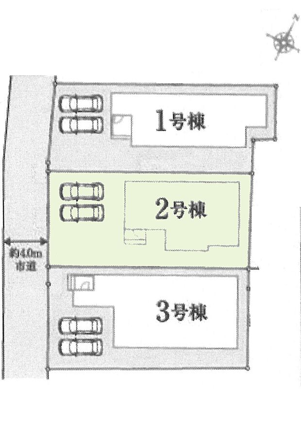 区画図:2号棟:カースペース2台分あり!(車種による)