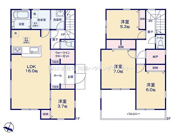間取り2号棟:水廻りが集中した活動動線良好な間取りです。