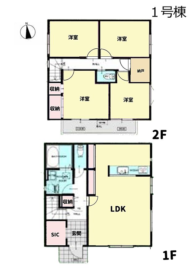 間取り1号棟:収納スペース充実です!様々な用途に合わせて使える納戸付き!