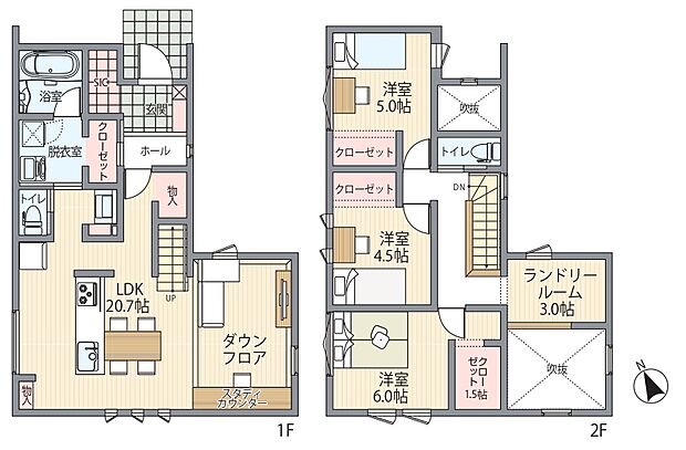 回遊動線を採用した間取り。ダウンフロアやスタディーカウンターを設け、家族が思い思いに過ごせます。