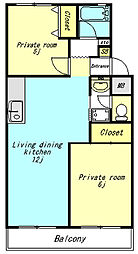 リバーサイドハイツ１号棟 3階2LDKの間取り