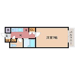 カンスイ参番館 2階1Kの間取り