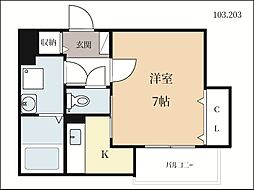 サンレーベ東垣外 2階1Kの間取り