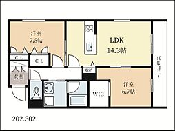 シャーメゾン碩 2階2LDKの間取り