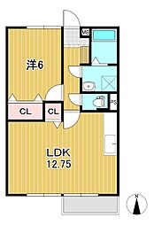 ハーモニーヒルズll 2階1LDKの間取り