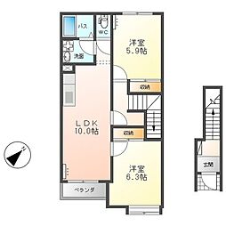 ロイヤルヒルズA棟 2階2LDKの間取り
