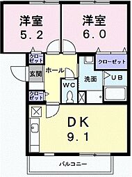 サンブルージュ 3階2DKの間取り