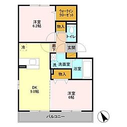 コスモパークA 2階2DKの間取り