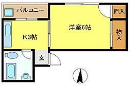 都営新宿線 菊川駅 徒歩6分の賃貸マンション 2階1Kの間取り