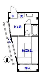 中居町コーポ 2階1Kの間取り
