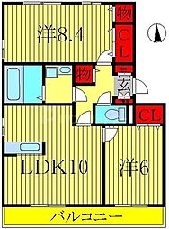 ベルレージュＢ棟 1階2LDKの間取り
