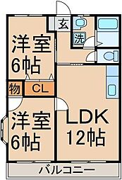 オークスパピリオン 3階2LDKの間取り