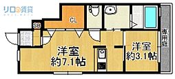 ONLYONE山本2 1DKの間取図画像