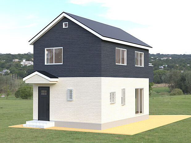 ［完成予想パース］No.1 シンプルで飽きのこないツートンカラー、玄関の三角屋根がおしゃれなデザイン♪