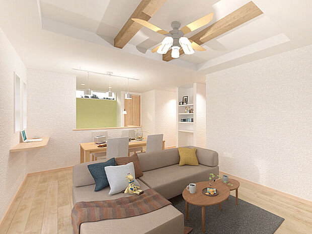 【No.3:内観パース】LDK 見せ梁天井で開放感感じる、ナチュラルな空間。