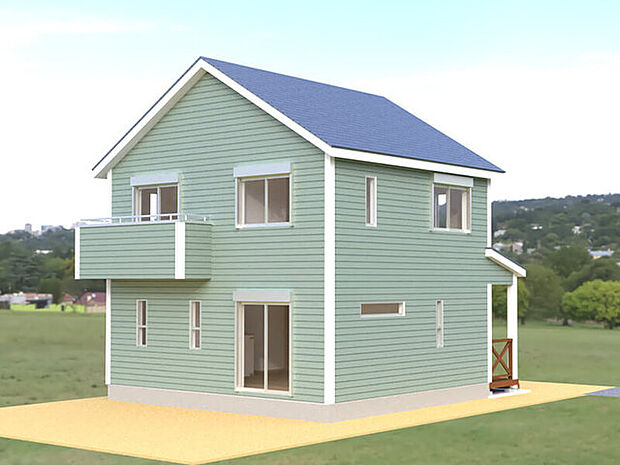 【No.3：外観パース】 玄関へ繋がるウッドデッキスペース。屋根付きなので、雨の日も濡れずに出入りできます。