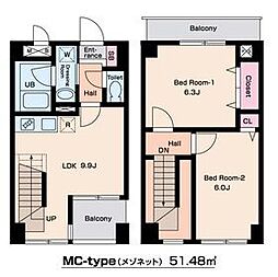 プレジールS 6階2DKの間取り