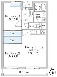 トレステージ富ヶ谷 2階2LDKの間取り