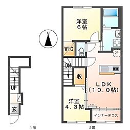 ルーエ大彦 2階2LDKの間取り