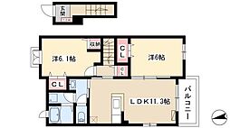 サニーフォルテB 2階2LDKの間取り