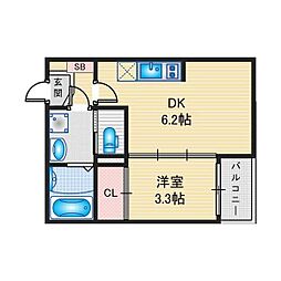 ハーモニーテラス中島町 1DKの間取図画像