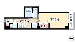 シティーパル本町 2階1Kの間取り