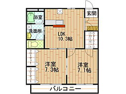 パークヒルズ玉川B 3階2LDKの間取り