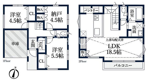 約18.5帖の2階リビング明るい南西角地＋勾配天井で、開放感と採光性に優れたLDK！キッチン横にはパントリー♪食品や調理器具の収納に便利。スッキリ整ったキッチンをキープ！