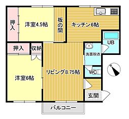 メモリーハイツ 1階2LDKの間取り