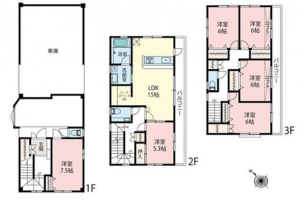 間取図／6ＬＤＫ、ＬＤＫ約15帖＋リモートワークスペース（約2帖）、1階・3階の居室はゆとりある6帖以上広さを確保しています。