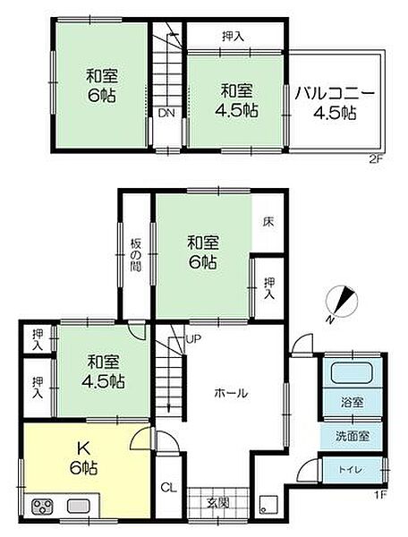 和室6帖・6帖・4.5帖・4.5帖を備えた4K。個室を確保しやすく、2～3人暮らしにも使いやすい間取りです◎