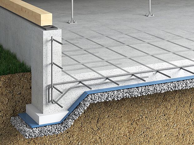 (ベタ基礎工法)建物の地盤面全体に鉄筋を配し、コンクリートを流し込むことで、面で建物を支えます。 