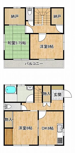 1、2階間取図です。南向きで日当たり良好です。