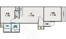 レジデンス西三国 3階2DKの間取り