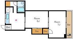 石鐘マンション 2階2Kの間取り