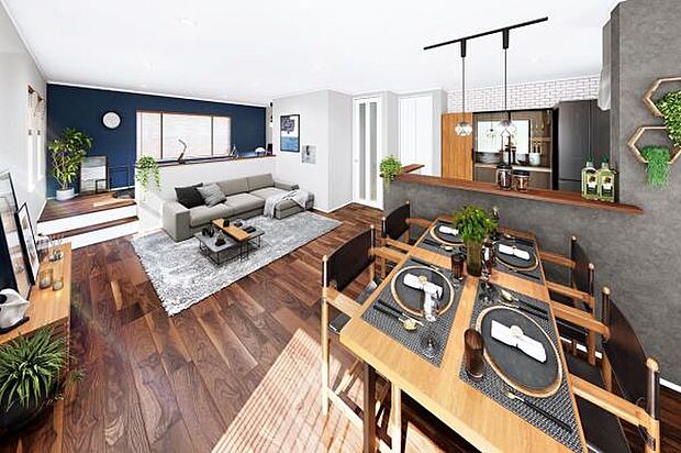 【　インテリアイメージ　】 ブラックウォルナットの床材が、落ち着きを与えるリビング空間。三種類のアクセントクロスが、互いに引き立て合い、より洗練されたインテリアを実現いたします（イメージ画像） 